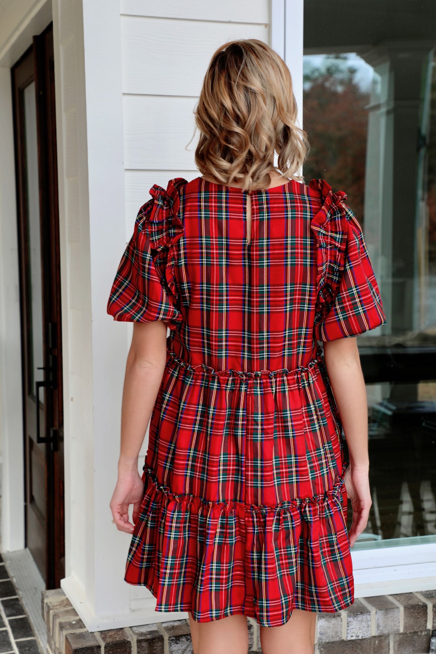 Plaid Short Sleeve Tiered Mini Dress
