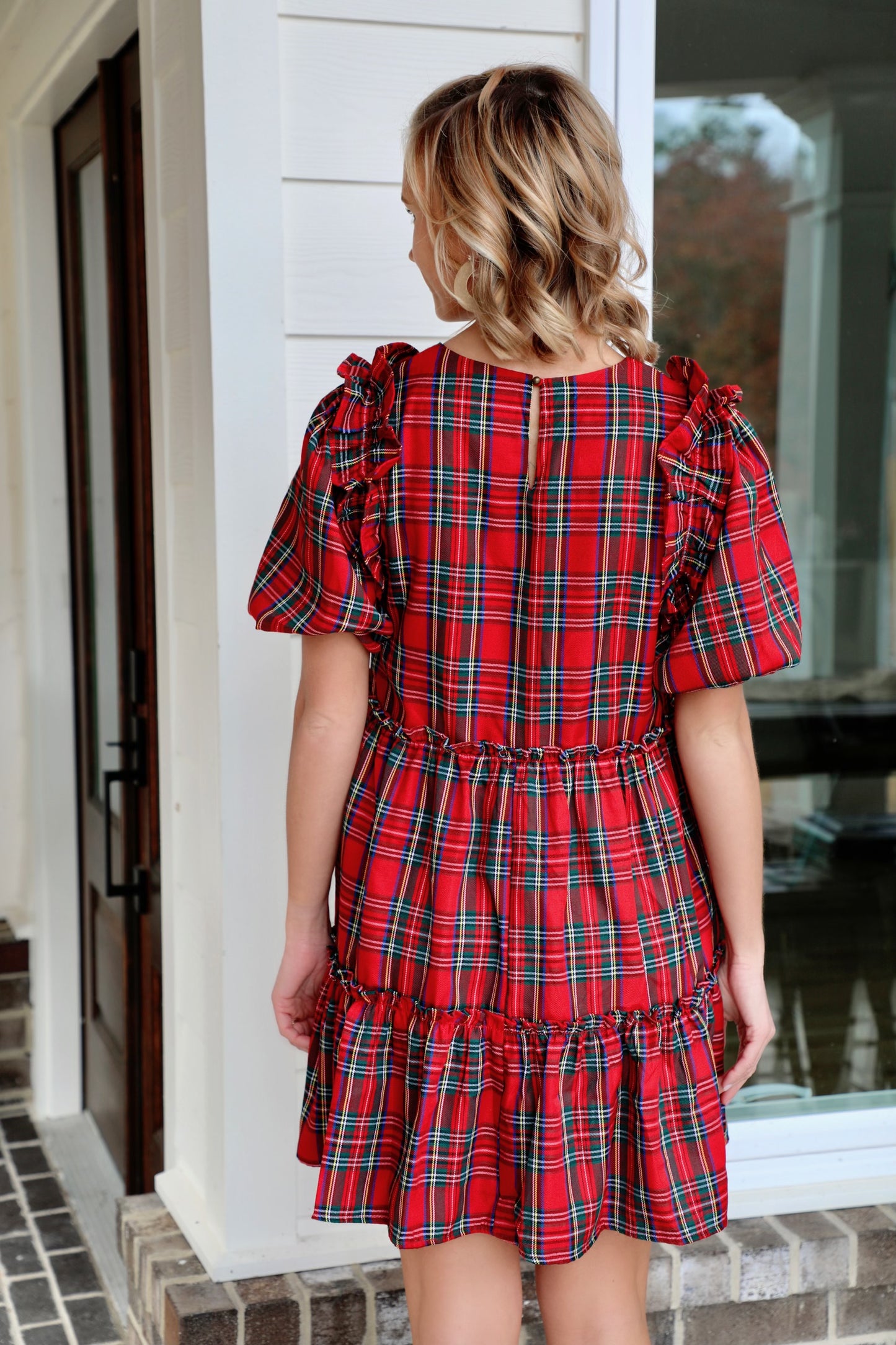 Plaid Short Sleeve Tiered Mini Dress