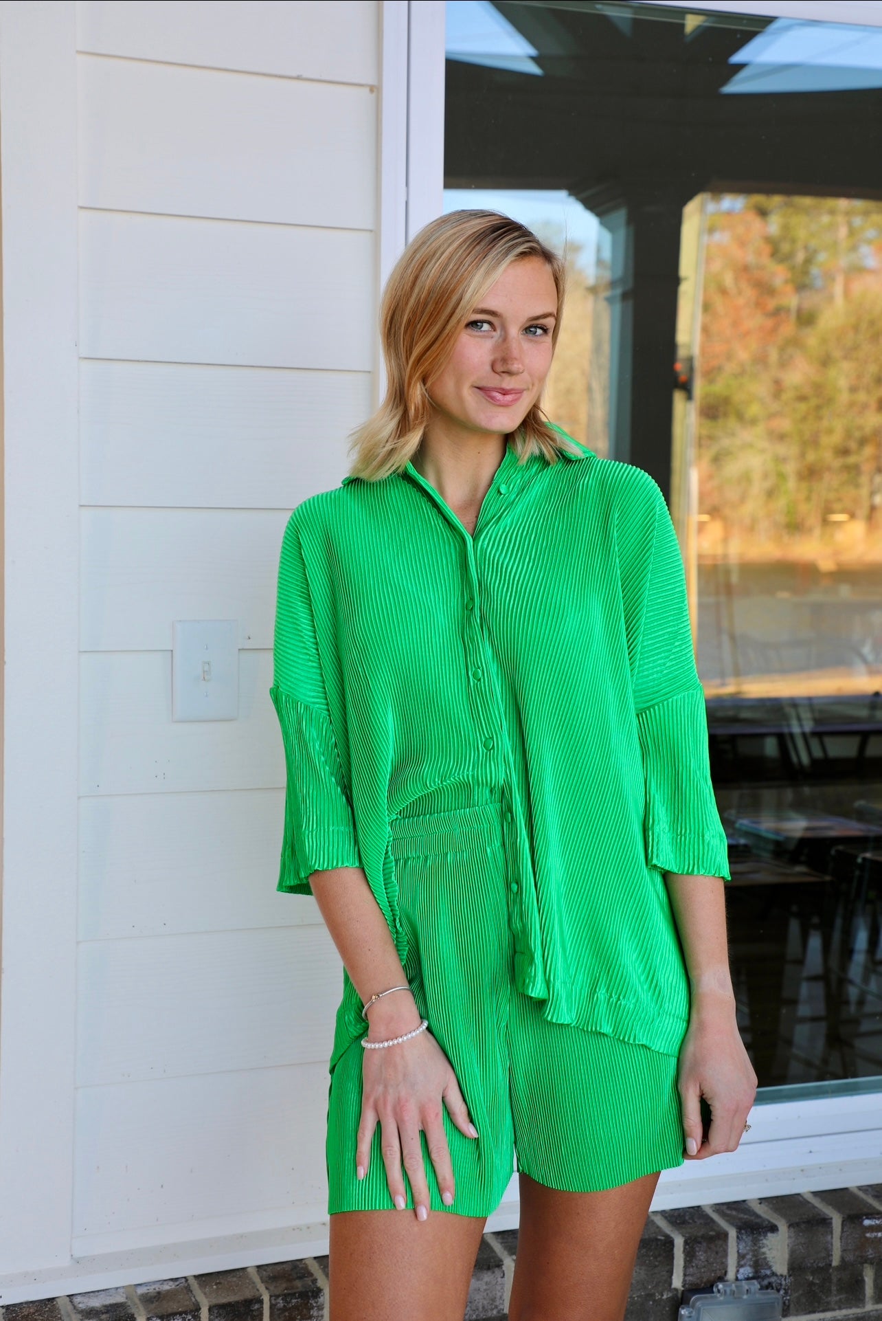 Green Pleated Short Sleeve Button Up Shirt