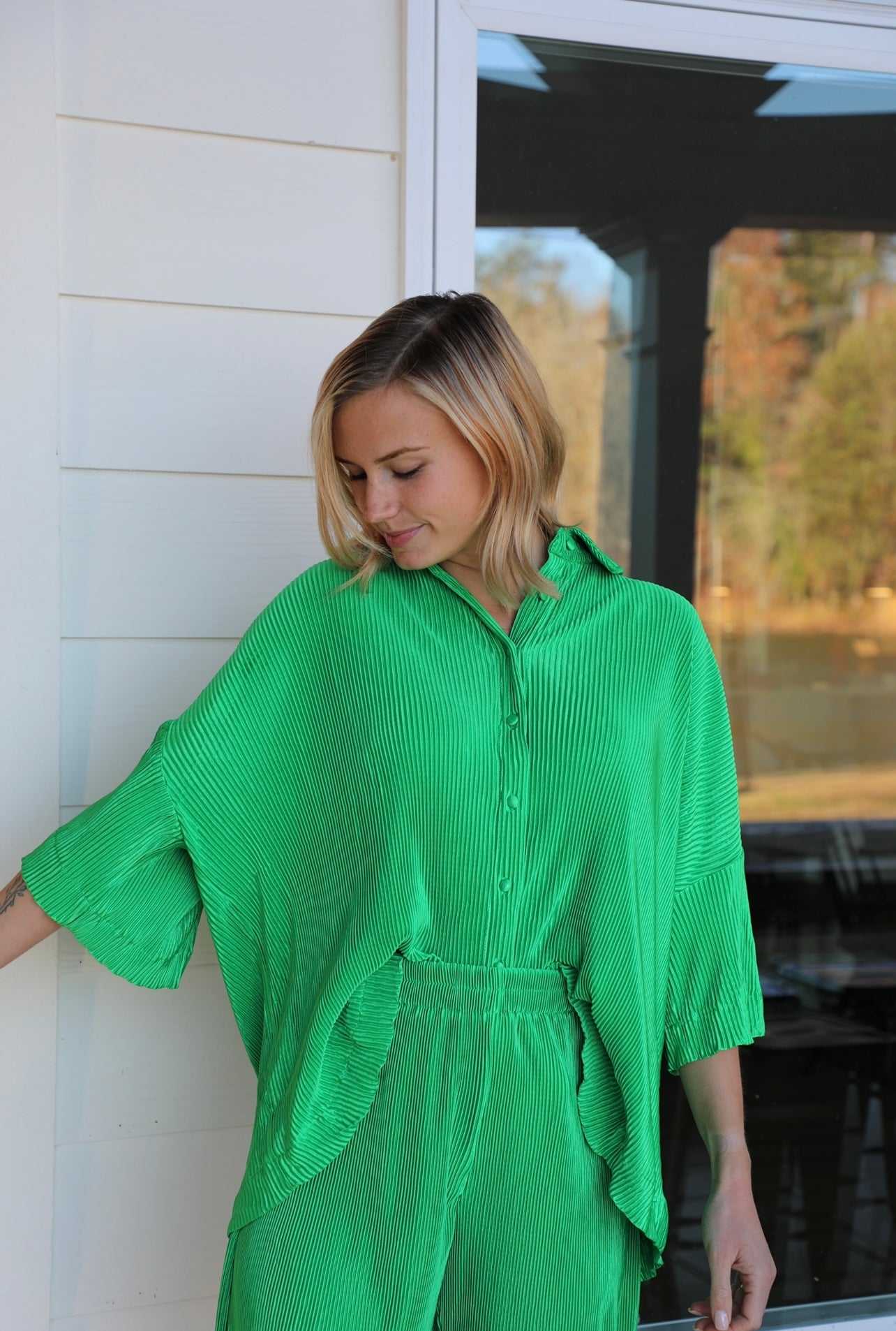 Green Pleated Short Sleeve Button Up Shirt