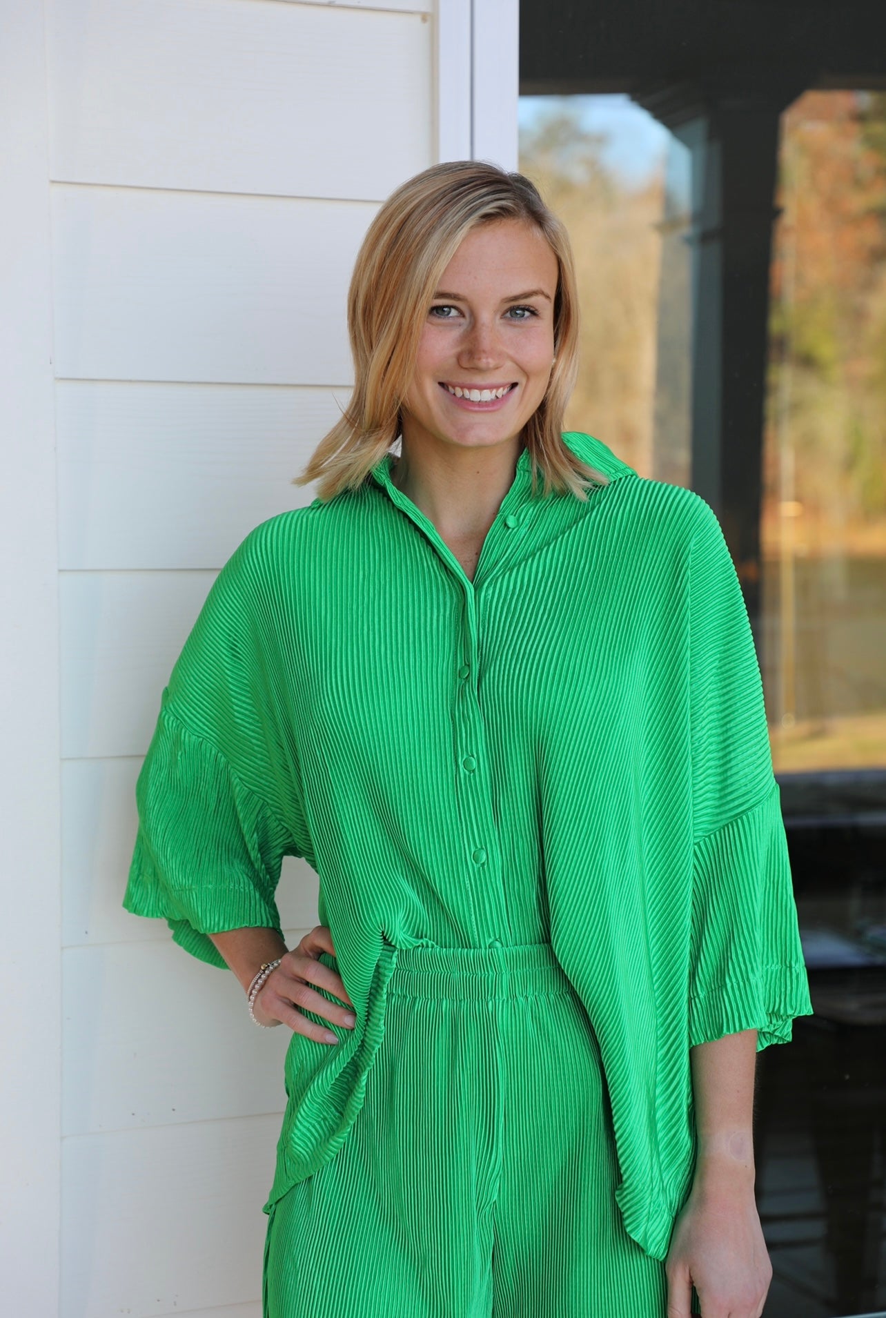 Green Pleated Short Sleeve Button Up Shirt