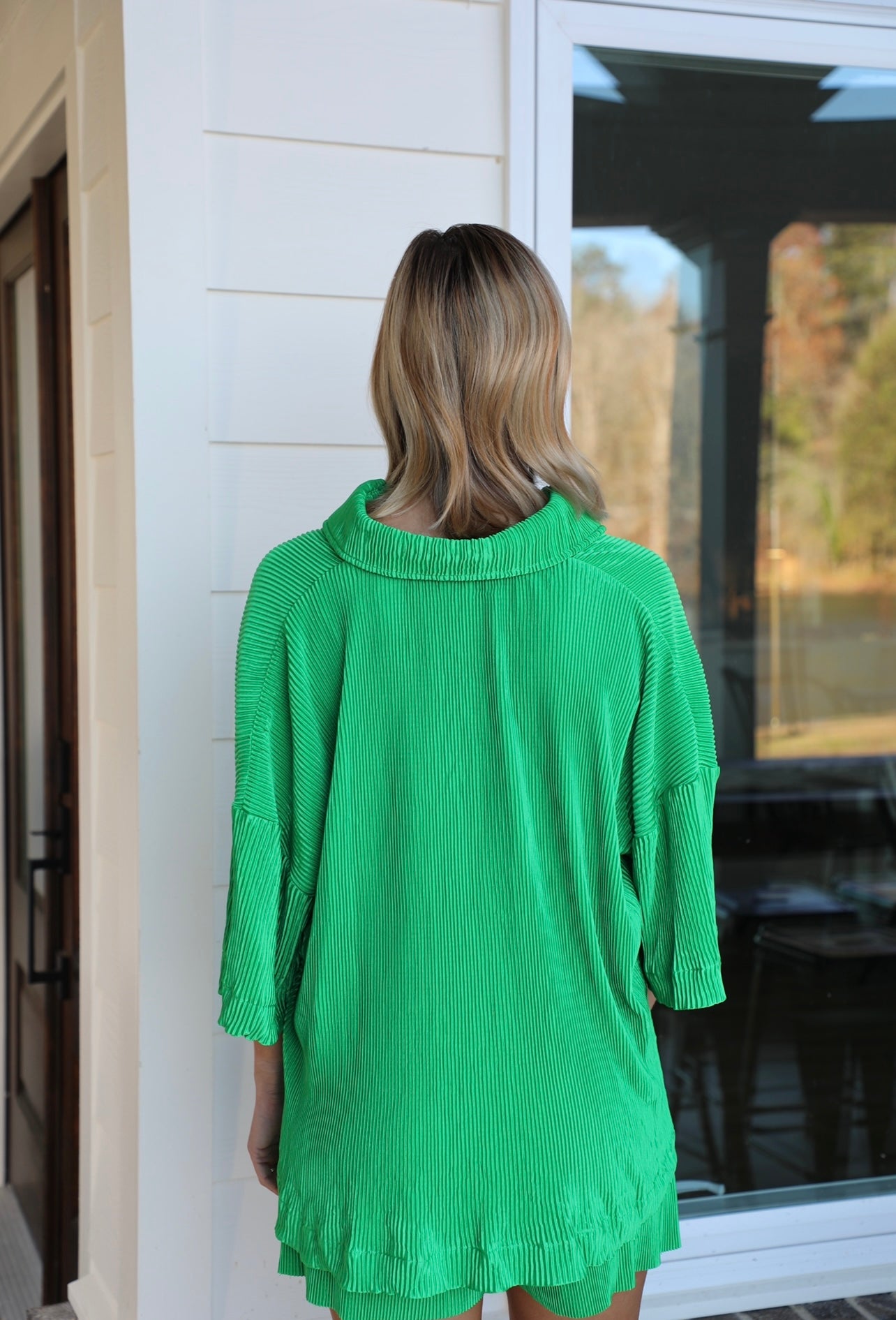 Green Pleated Short Sleeve Button Up Shirt