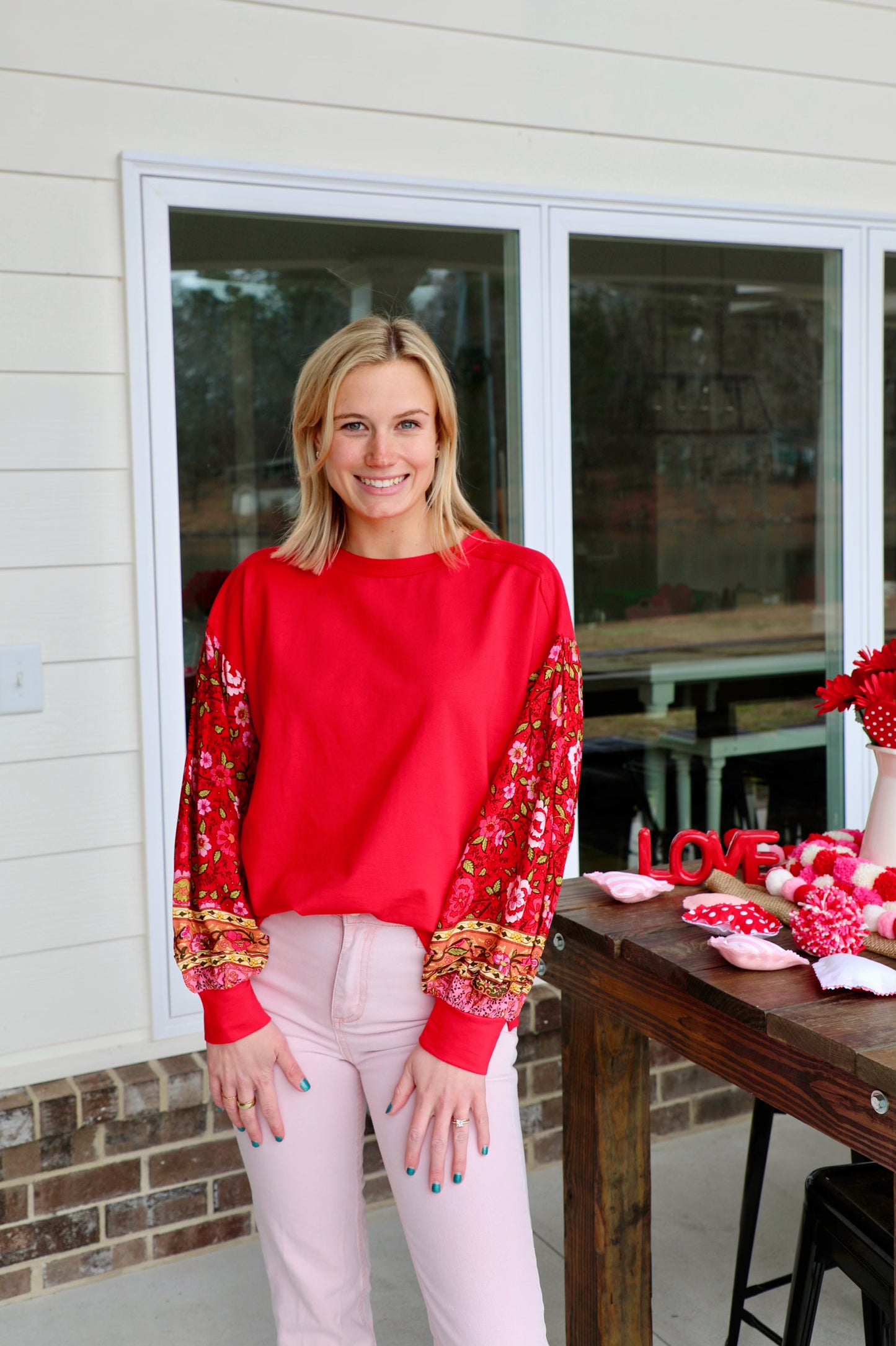 Solid French Terry Top with Floral Printed Boarder on Sleeves