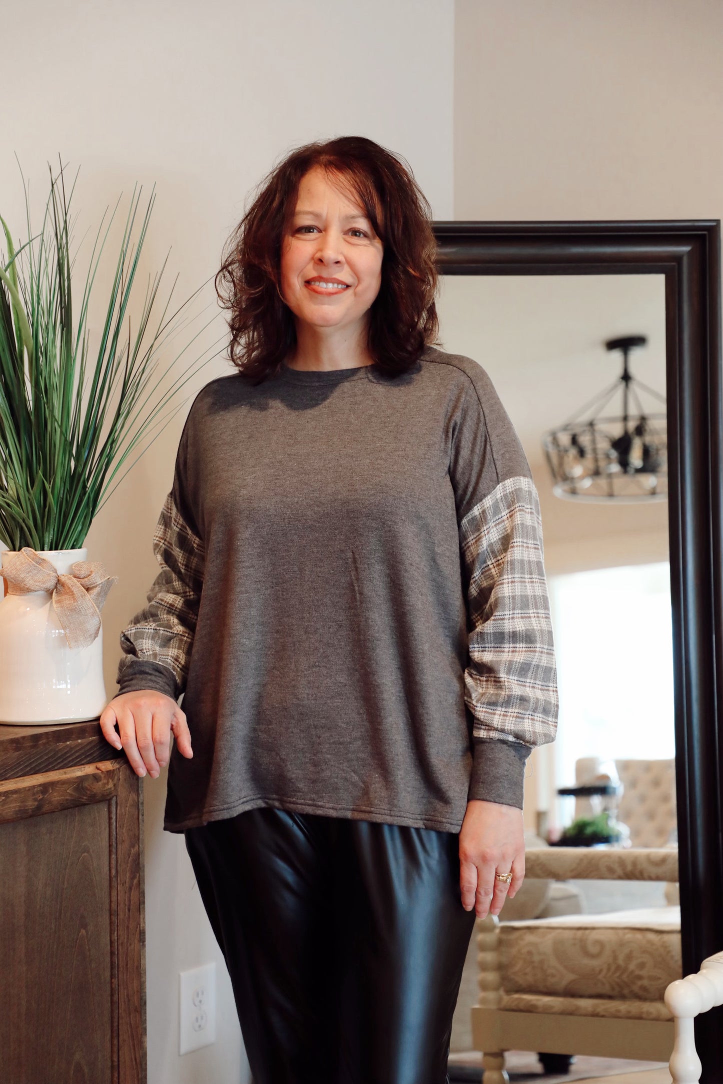 Long Sleeve Knit Top With Contrast Sleeve