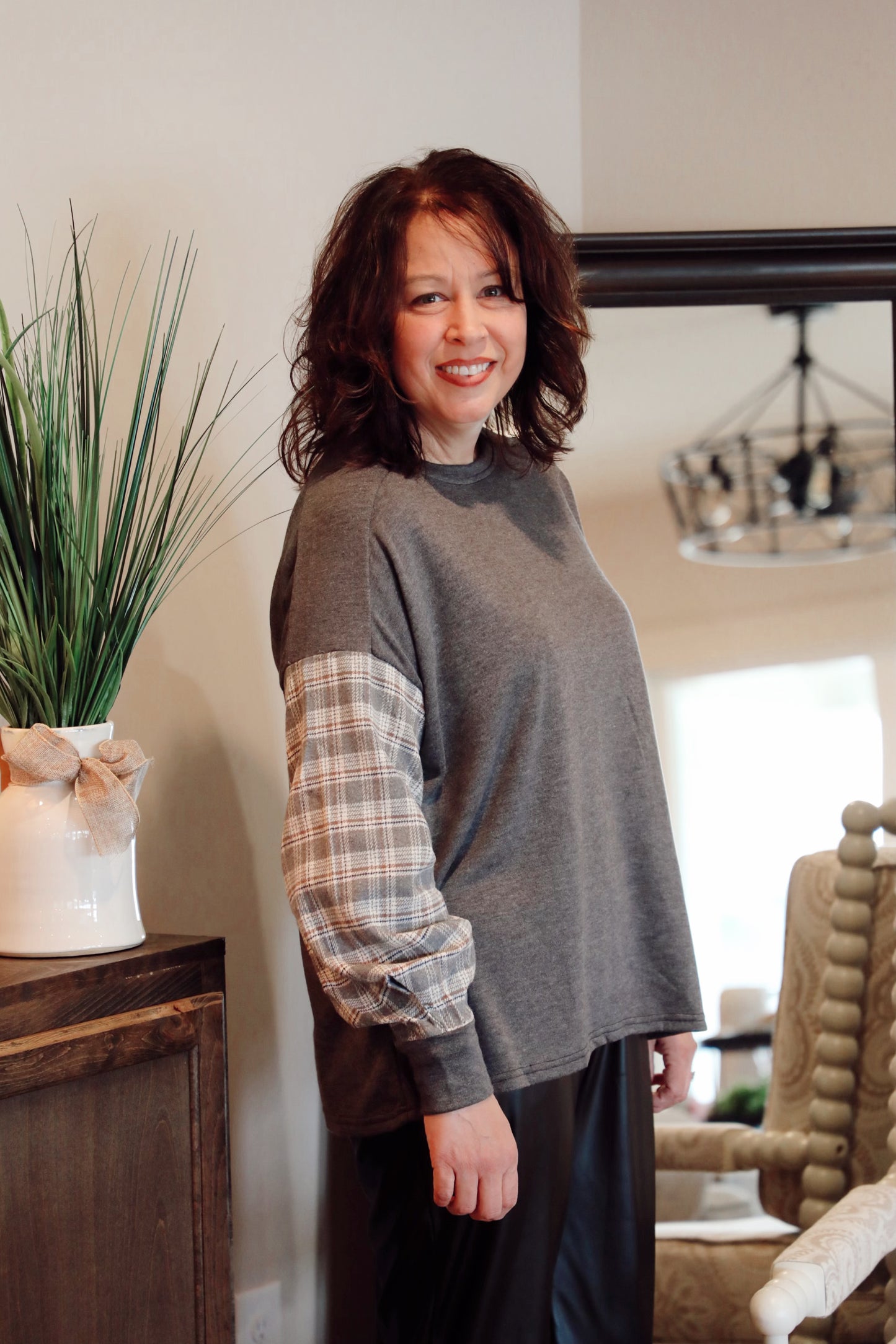 Long Sleeve Knit Top With Contrast Sleeve