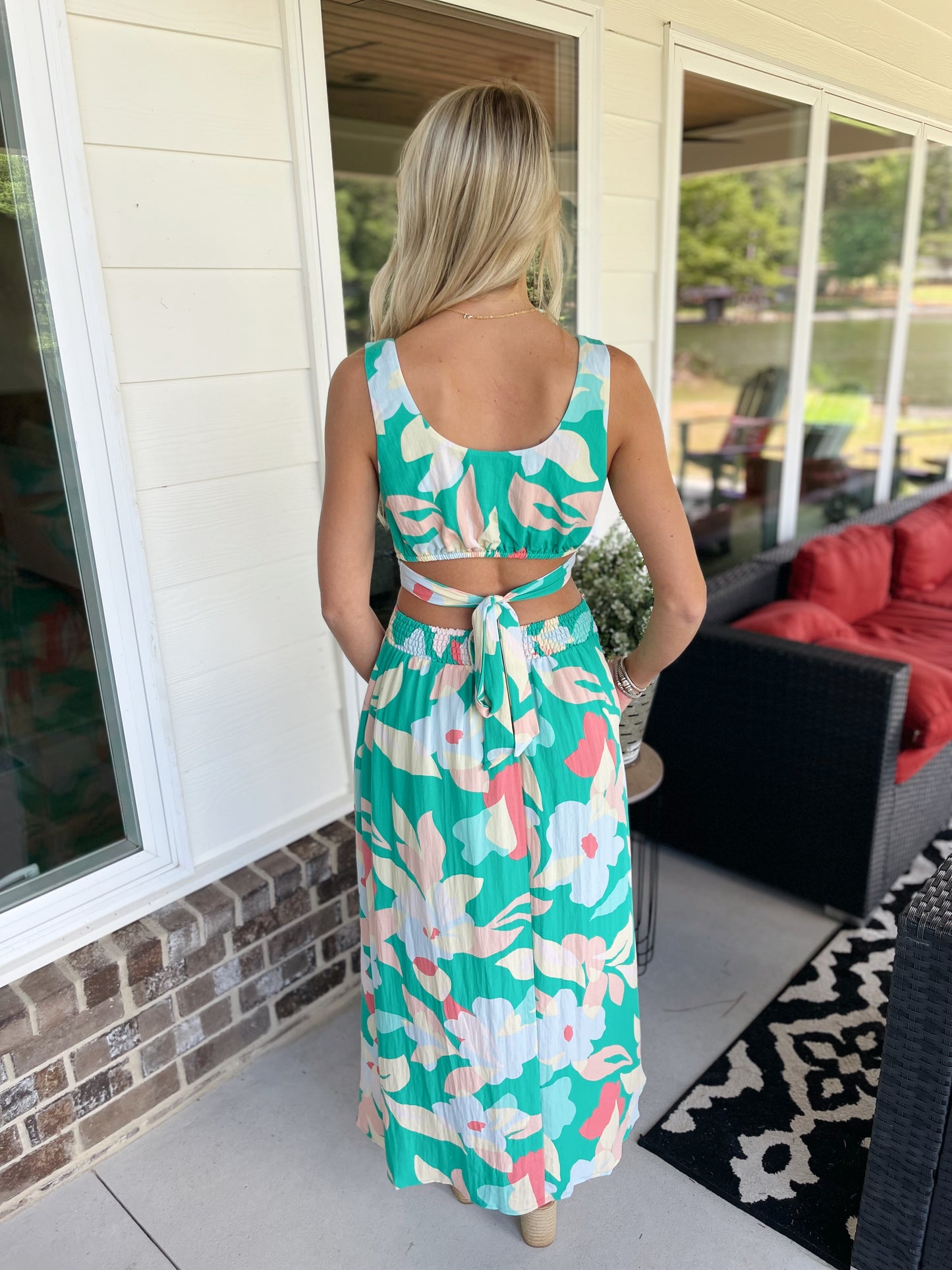 Green Floral Maxi Dress With Cutout Waist