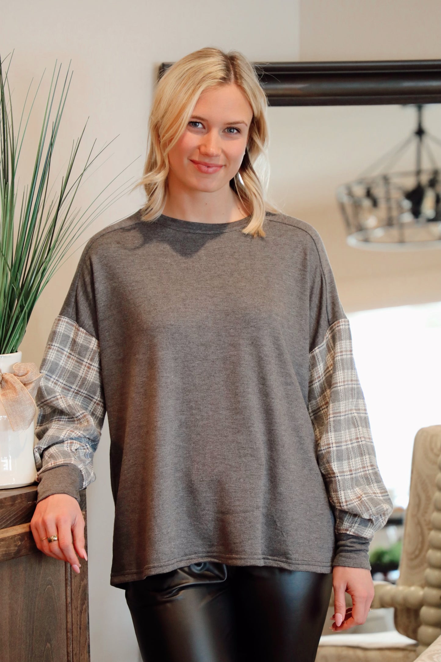 Long Sleeve Knit Top With Contrast Sleeve