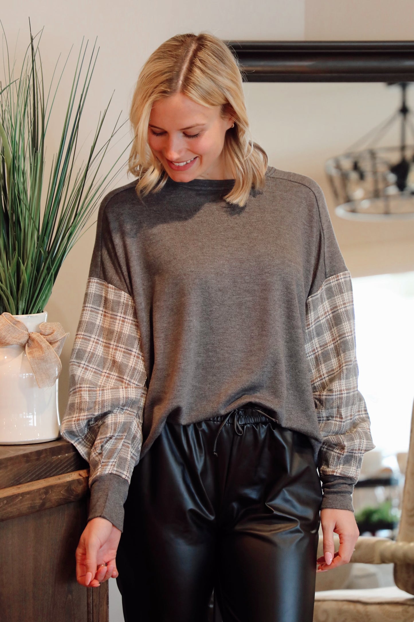 Long Sleeve Knit Top With Contrast Sleeve