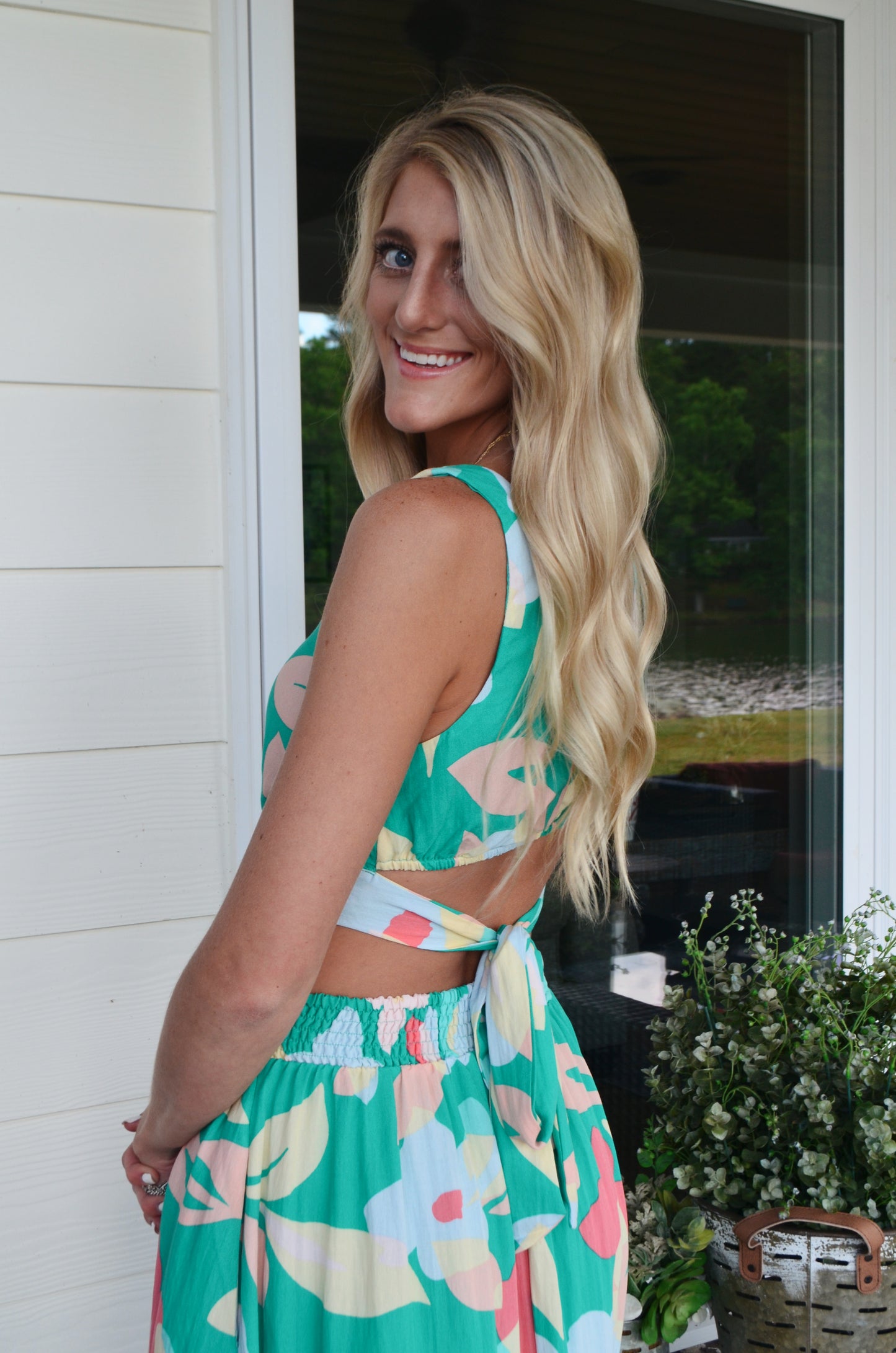 Green Floral Maxi Dress With Cutout Waist
