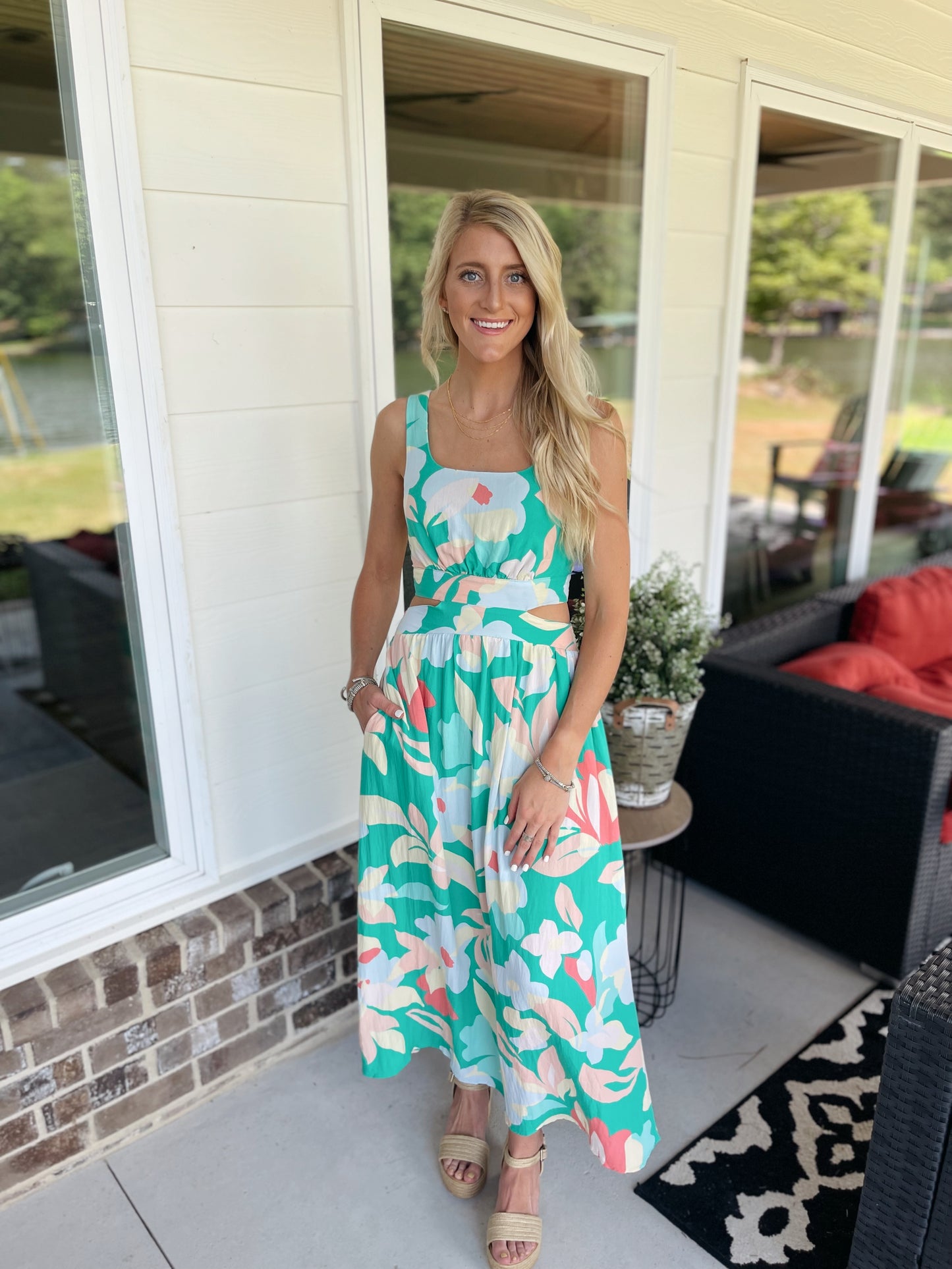 Green Floral Maxi Dress With Cutout Waist
