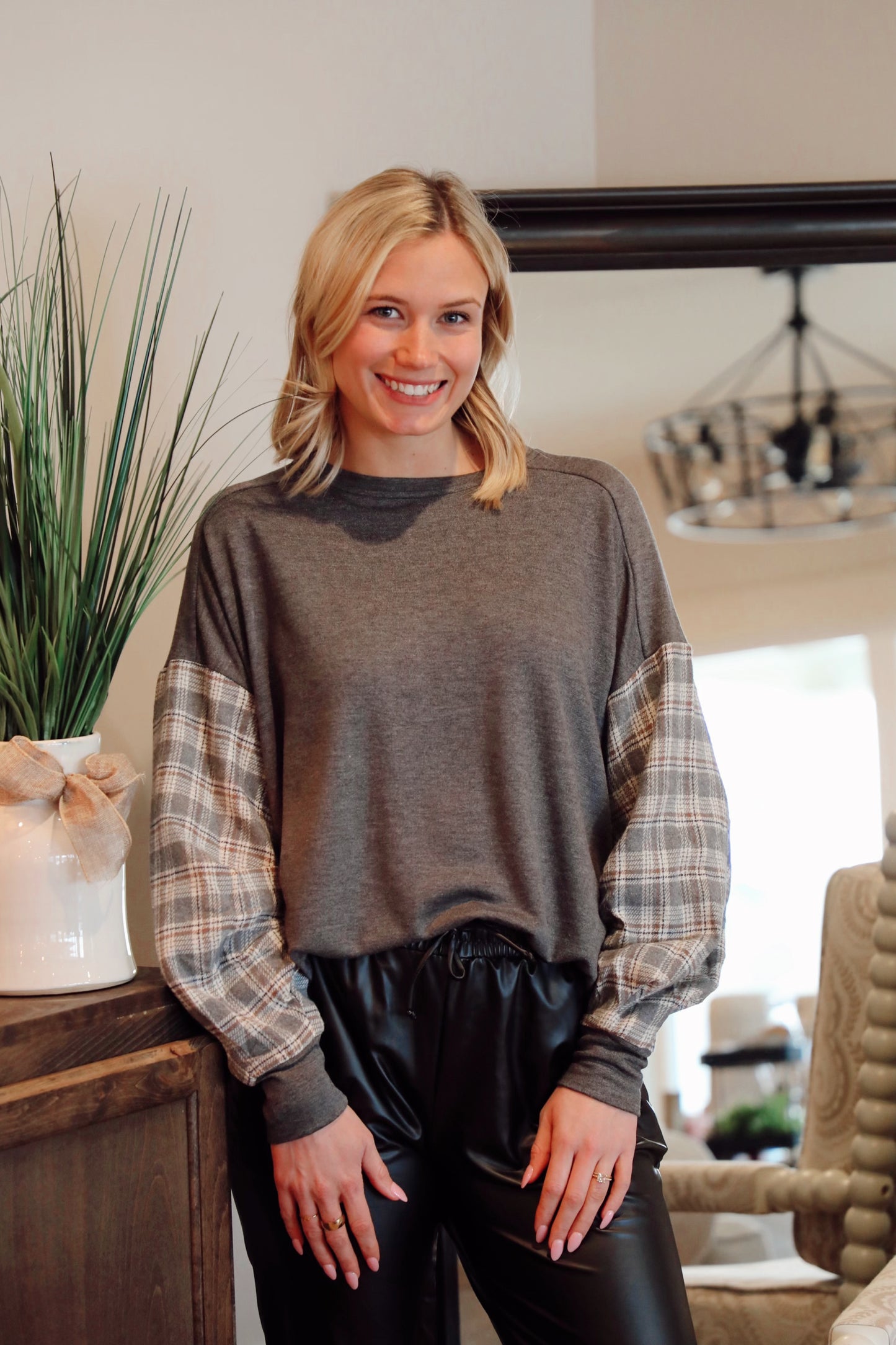 Long Sleeve Knit Top With Contrast Sleeve