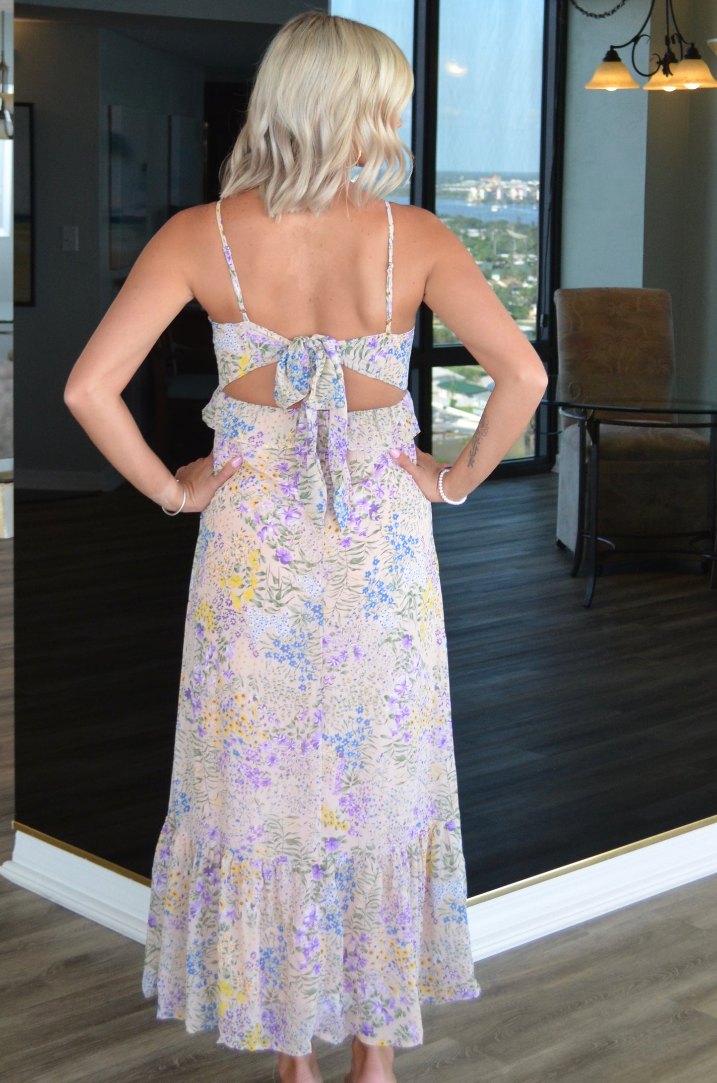 Sleeveless Woven Print Maxi Dress With Back Tie Detail