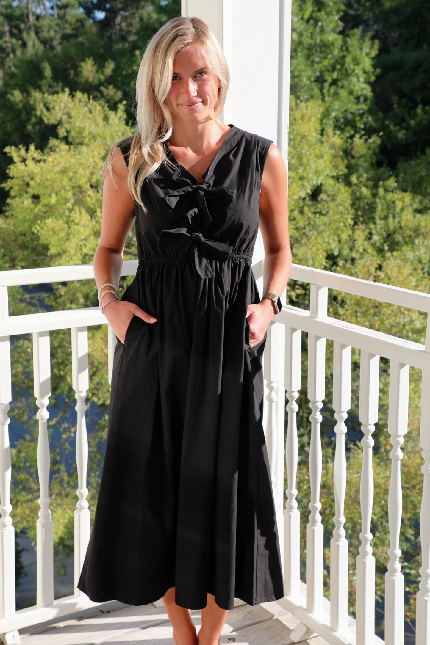 Sleeveless V-Neck Midi Dress with Bow Ties