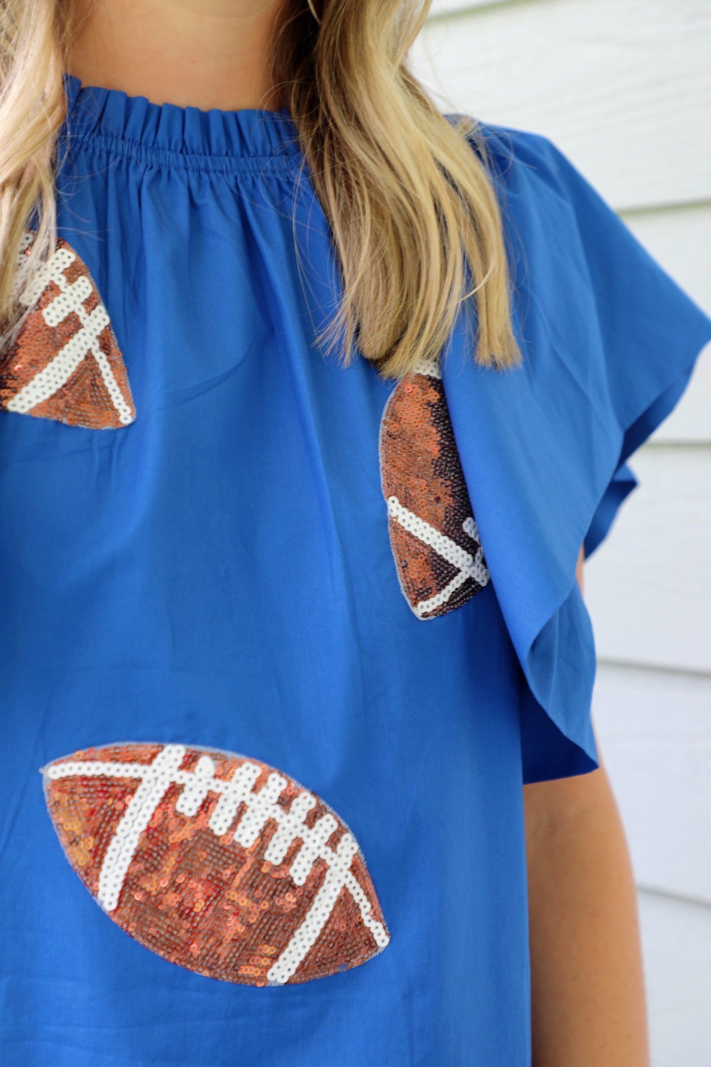 Blue Football Sequin Poplin Top