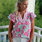 Pink Flutter Sleeve Floral Blouse with Chevron Ribbon Trim
