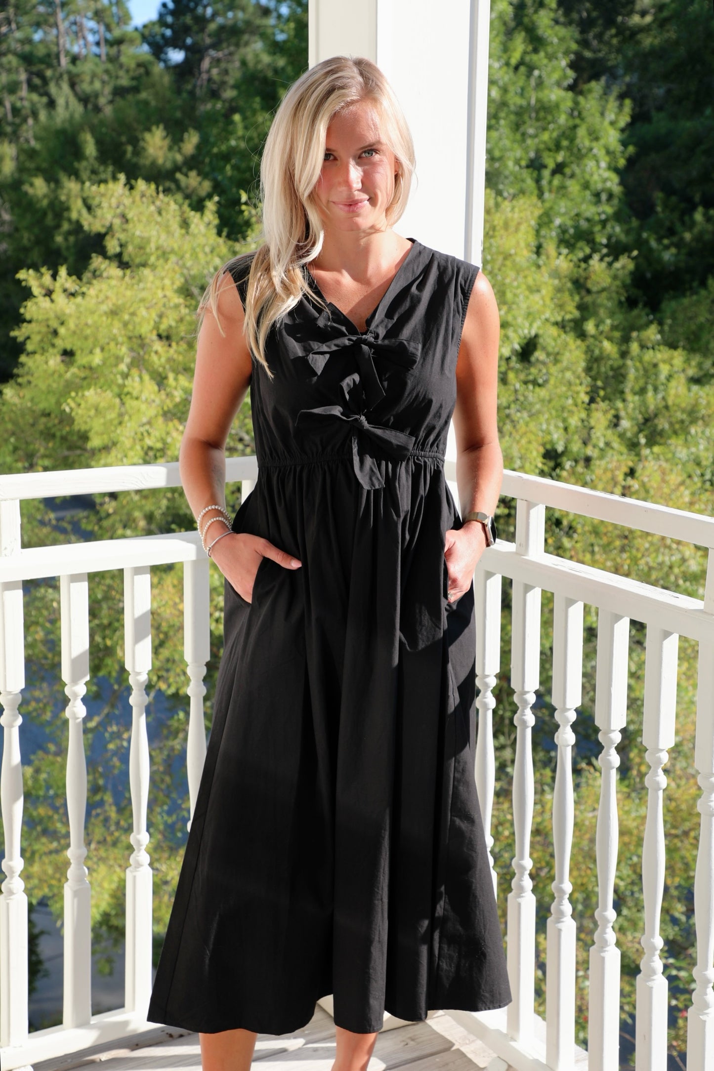 Sleeveless V-Neck Midi Dress with Bow Ties