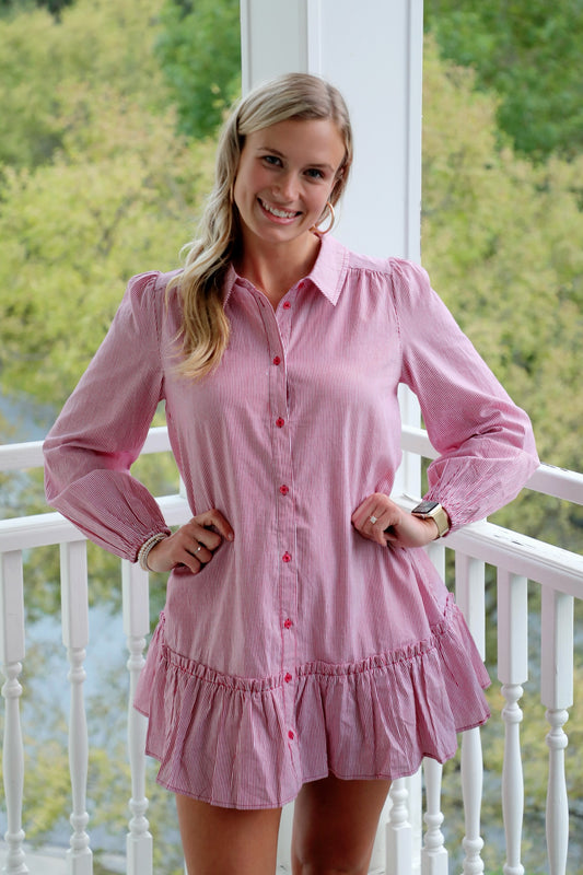 Pinstripe Button Up Ruffle Dress