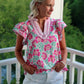 Pink Flutter Sleeve Floral Blouse with Chevron Ribbon Trim