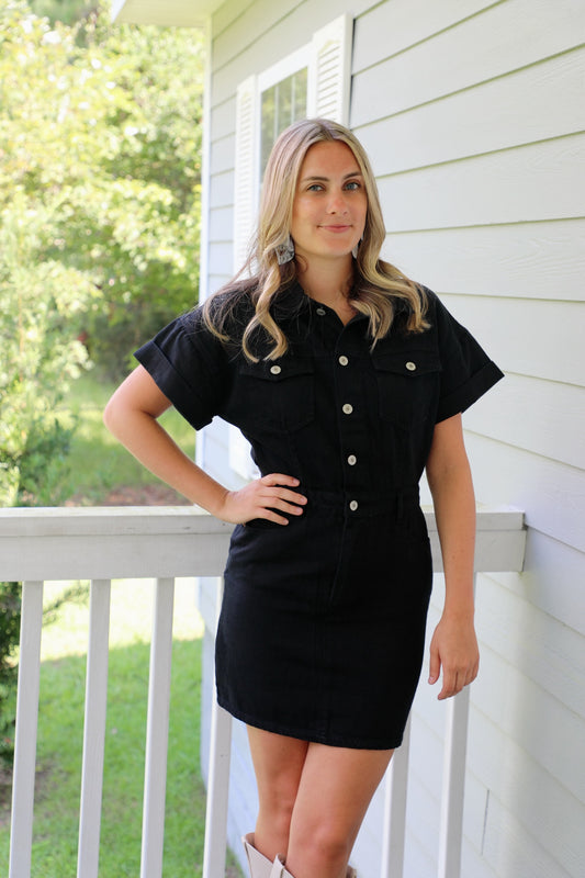 Black Denim Half Button Up Dress