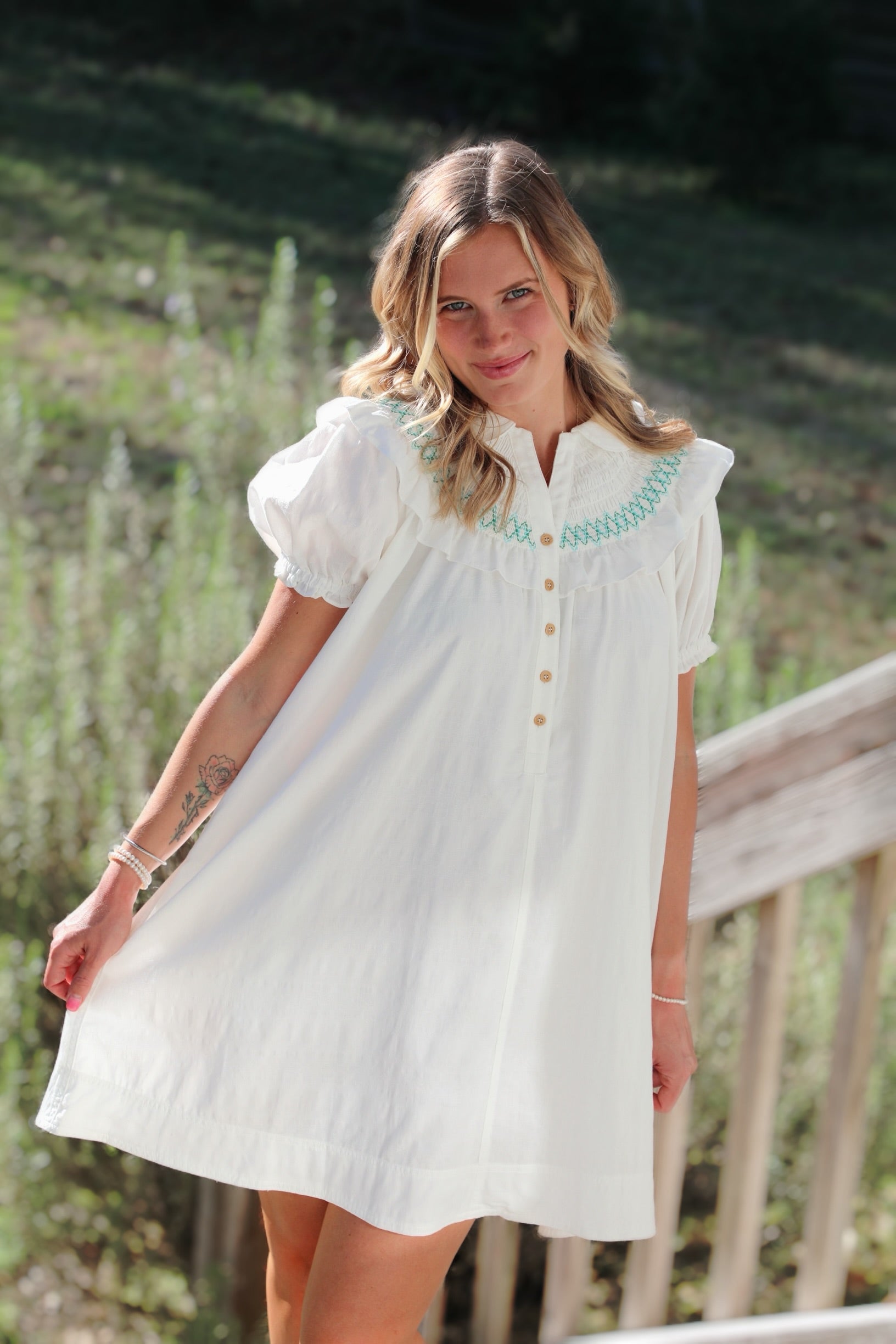 Short Puff Sleeve Peter Pan Collar Mini Dress with Embroidered Smocking and Ruffle Details White / Medium Short Puff Sleeve Peter Pan Collar Mini Dress with Embroidered Smocking and Ruffle Details White / Medium