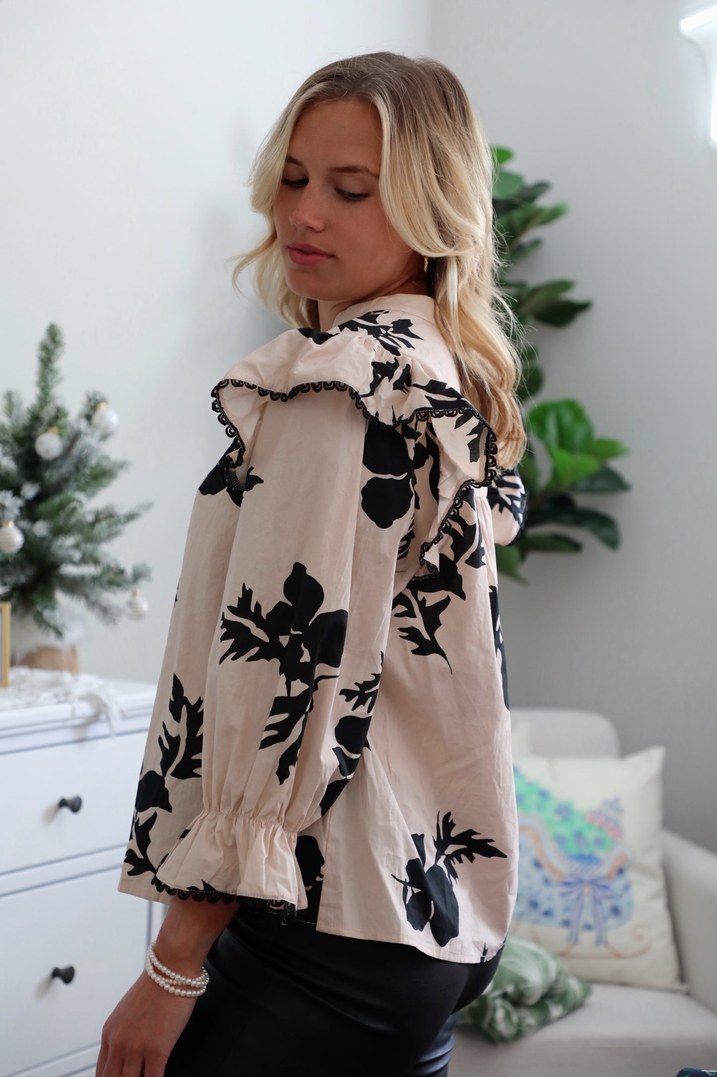 Cream and Black Printed Ruffle Blouse with Lace Details