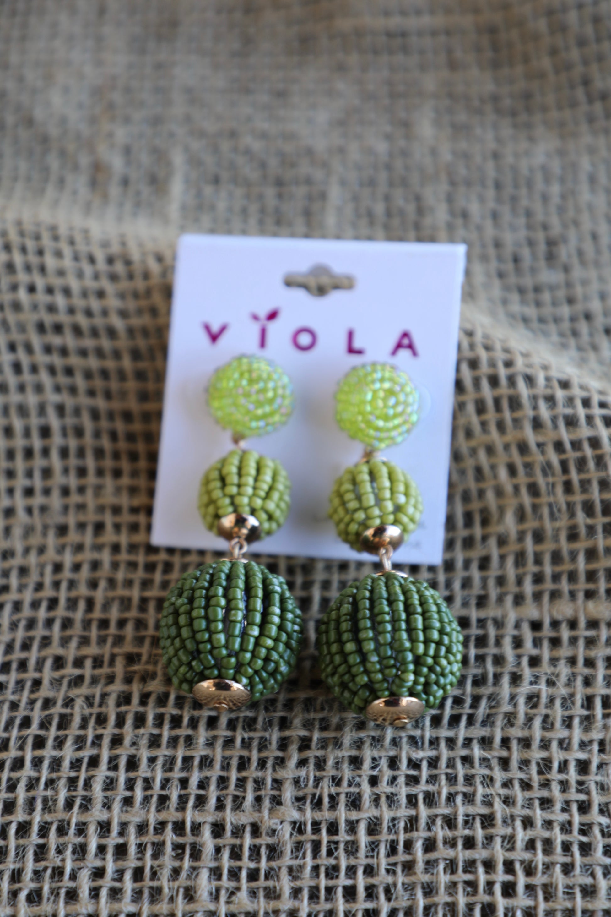 Green Beaded Three Tiered Dangle Earrings
