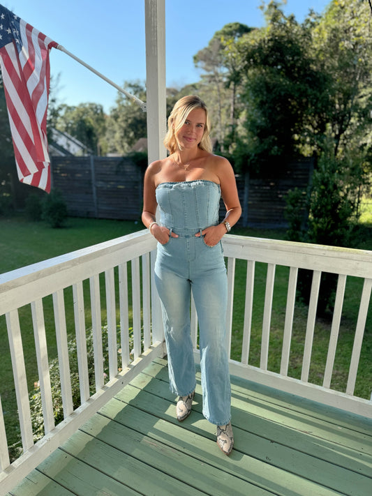 Strapless Denim Straight-Leg Jumpsuit