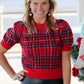 Red Plaid Print Round Neck Puff Sleeve Top
