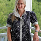 Striped Collar Contrast Puff Sleeve Top