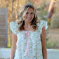 Floral Top With Ruffle Sleeves and Lace and Ribbon Details