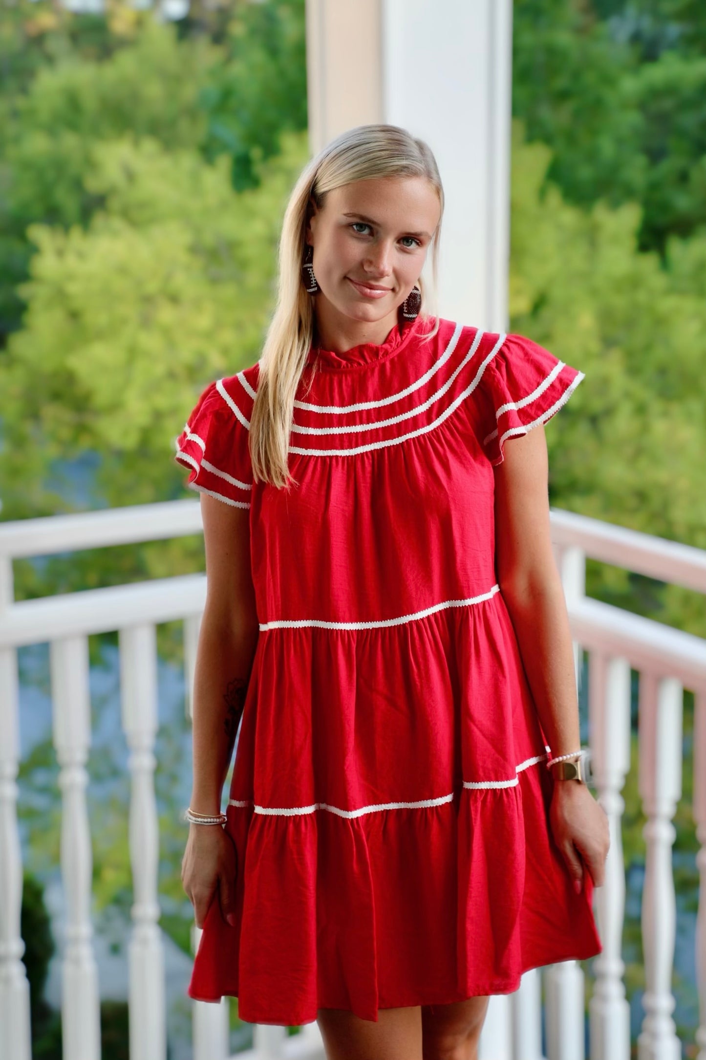 Tiered Flutter Sleeve Dress with Lace Trim