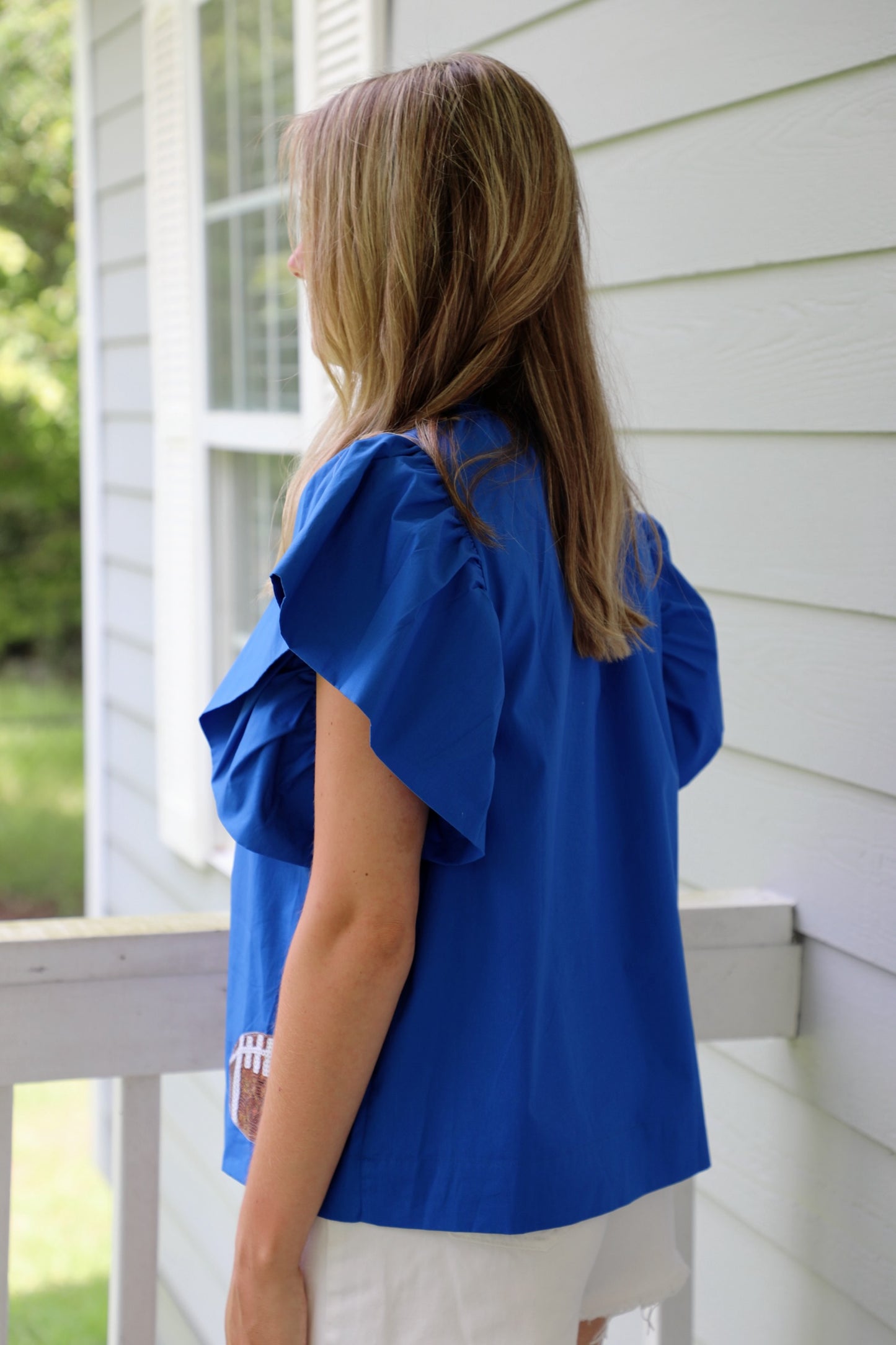 Blue Football Sequin Poplin Top