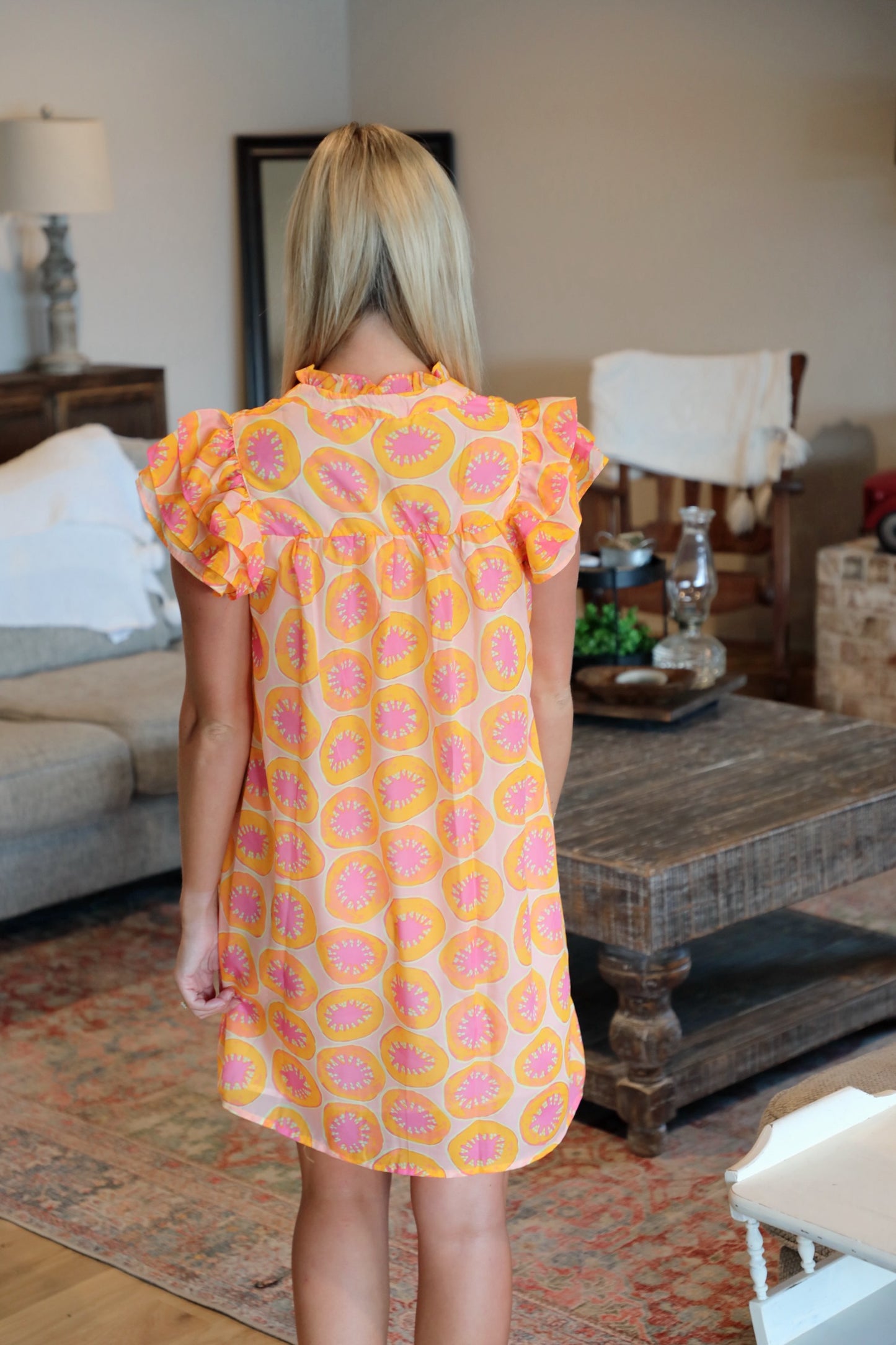 Papaya Print V Neck Layered Sleeve Dress