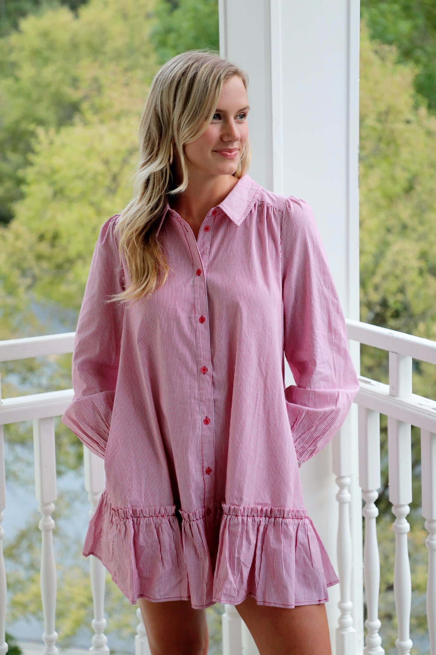 Pinstripe Button Up Ruffle Dress