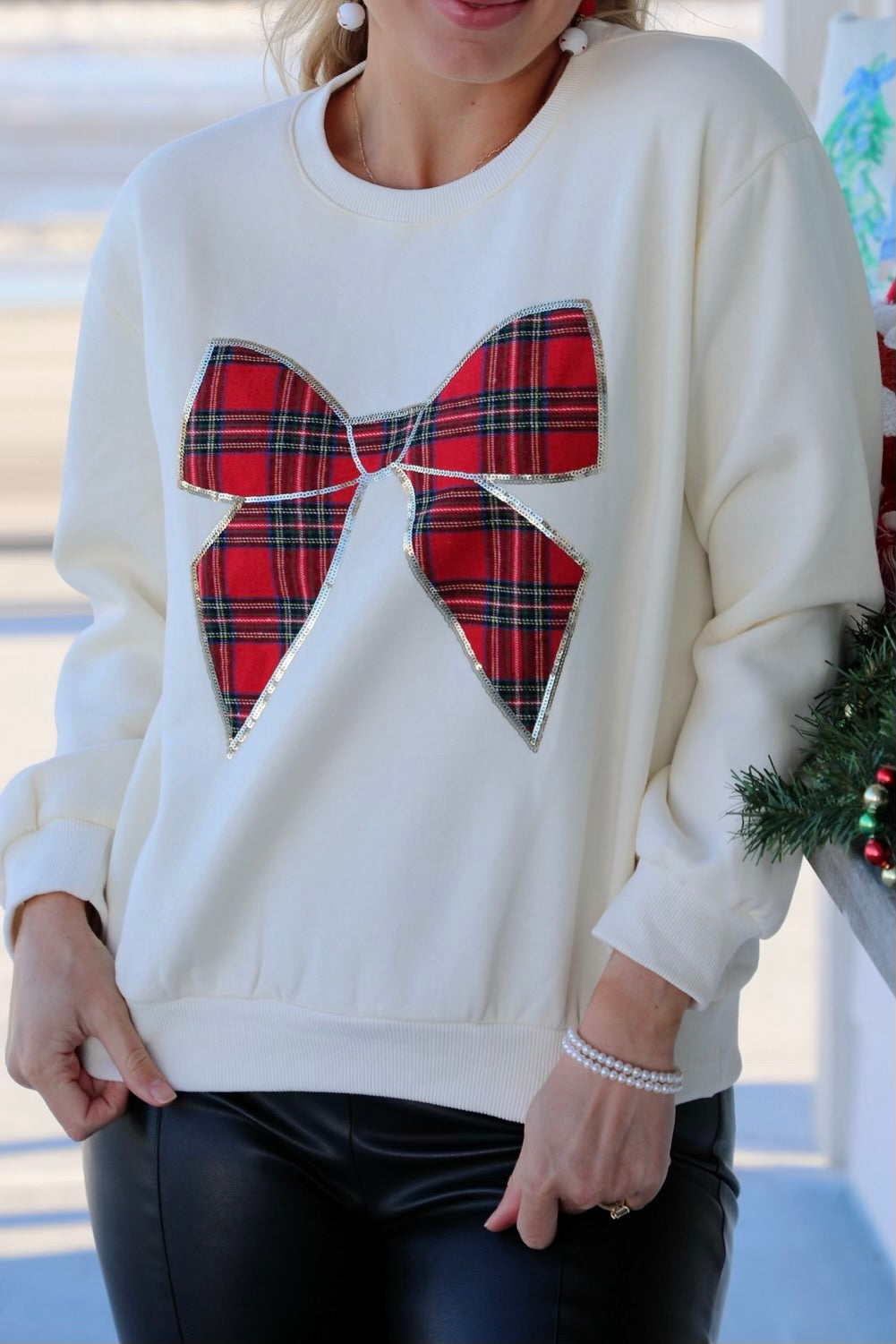 Long Sleeve Christmas Bow Plaid Knit Top