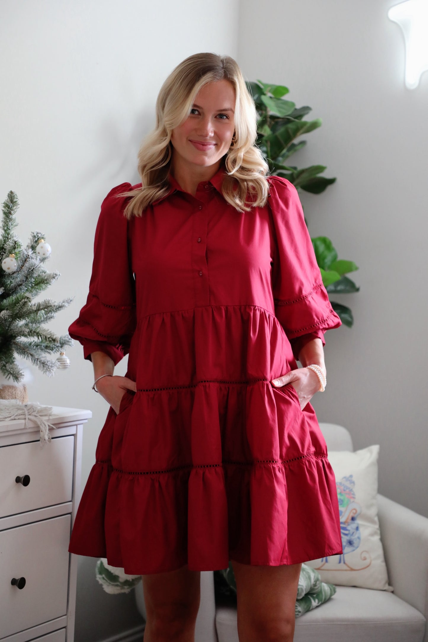 Tiered Collared Dress with Puff Sleeves