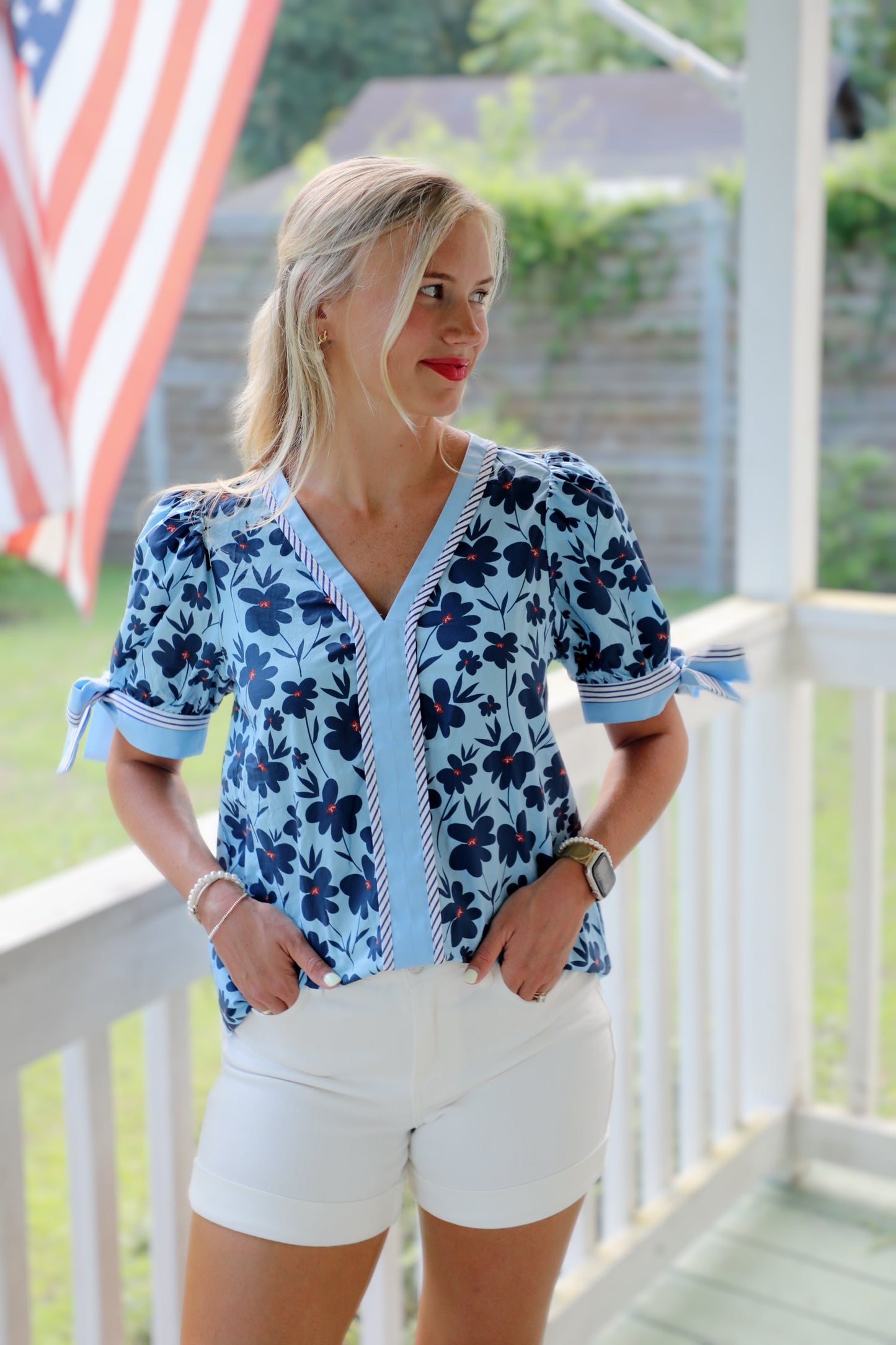 Floral Bow Sleeve Stripe Top