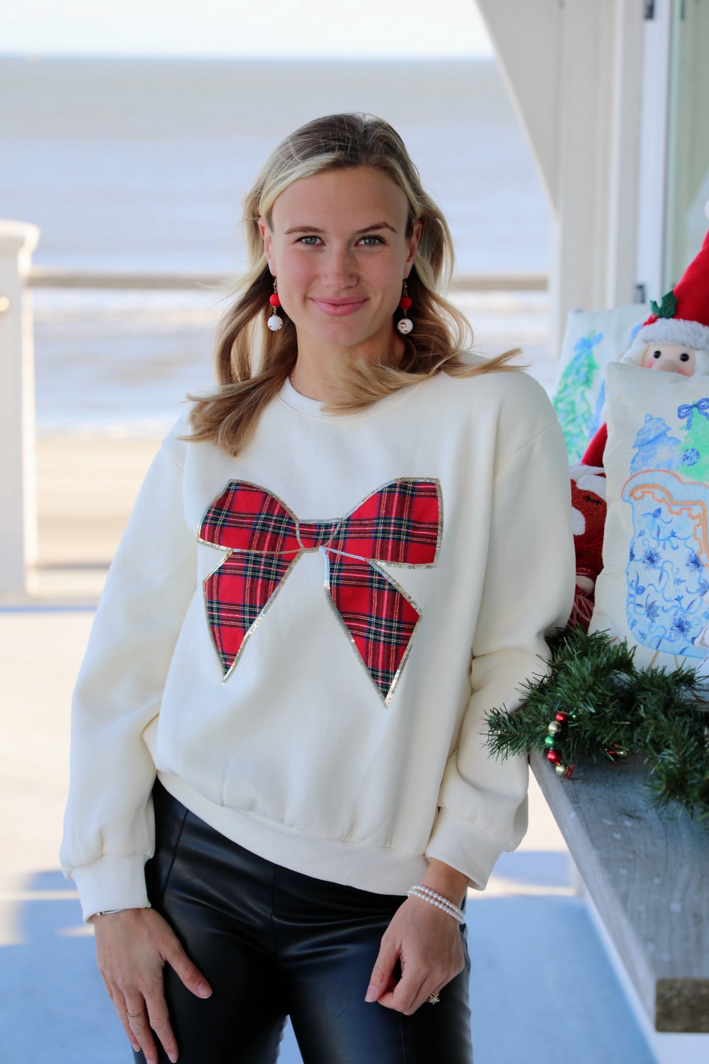 Long Sleeve Christmas Bow Plaid Knit Top