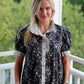 Striped Collar Contrast Puff Sleeve Top