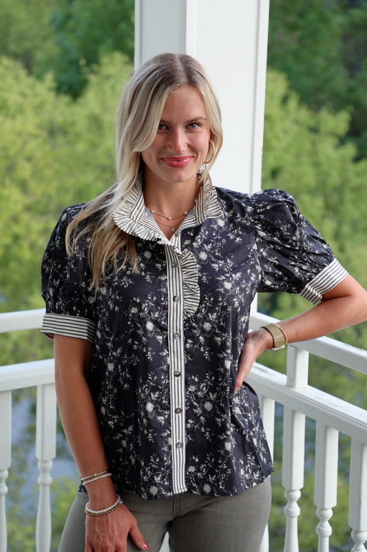 Striped Collar Contrast Puff Sleeve Top