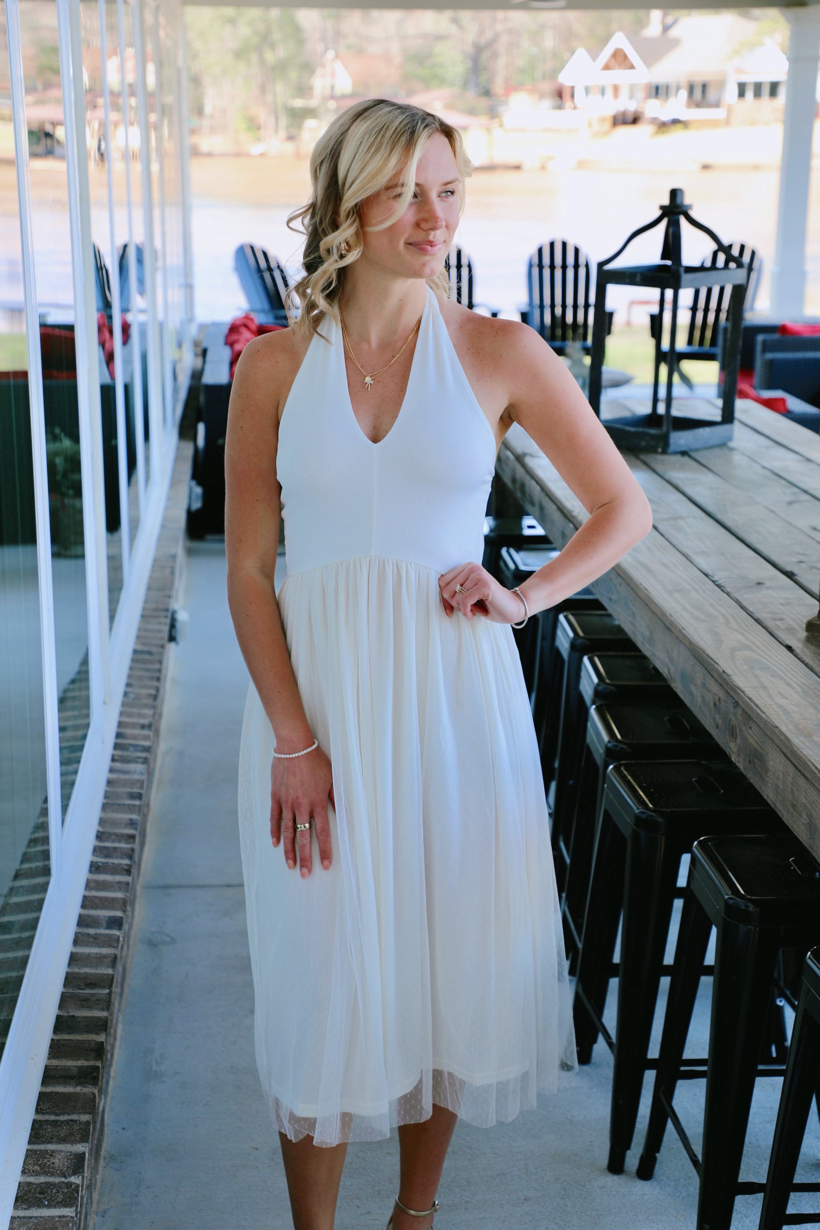 Solid Knit Halter Neck and Tulle Layered Midi Dress Off White / Small Solid Knit Halter Neck and Tulle Layered Midi Dress Off White / Small