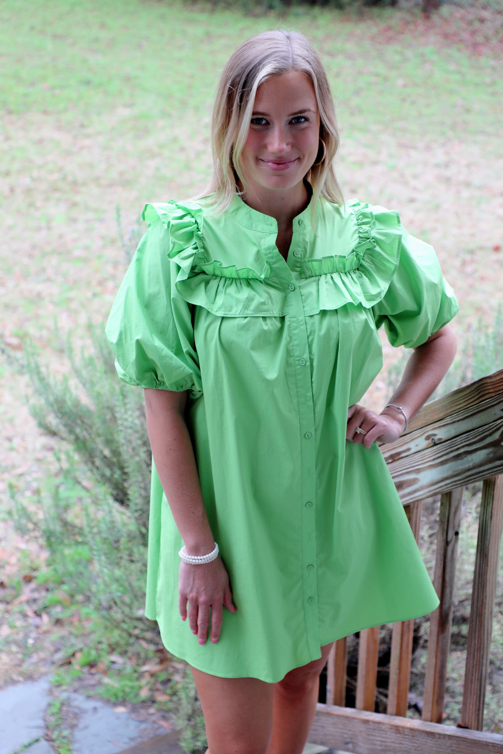 Puff Sleeve Mini Dress with Mandarin Collar and Ruffle Details Apple Green / Medium Puff Sleeve Mini Dress with Mandarin Collar and Ruffle Details Apple Green / Medium