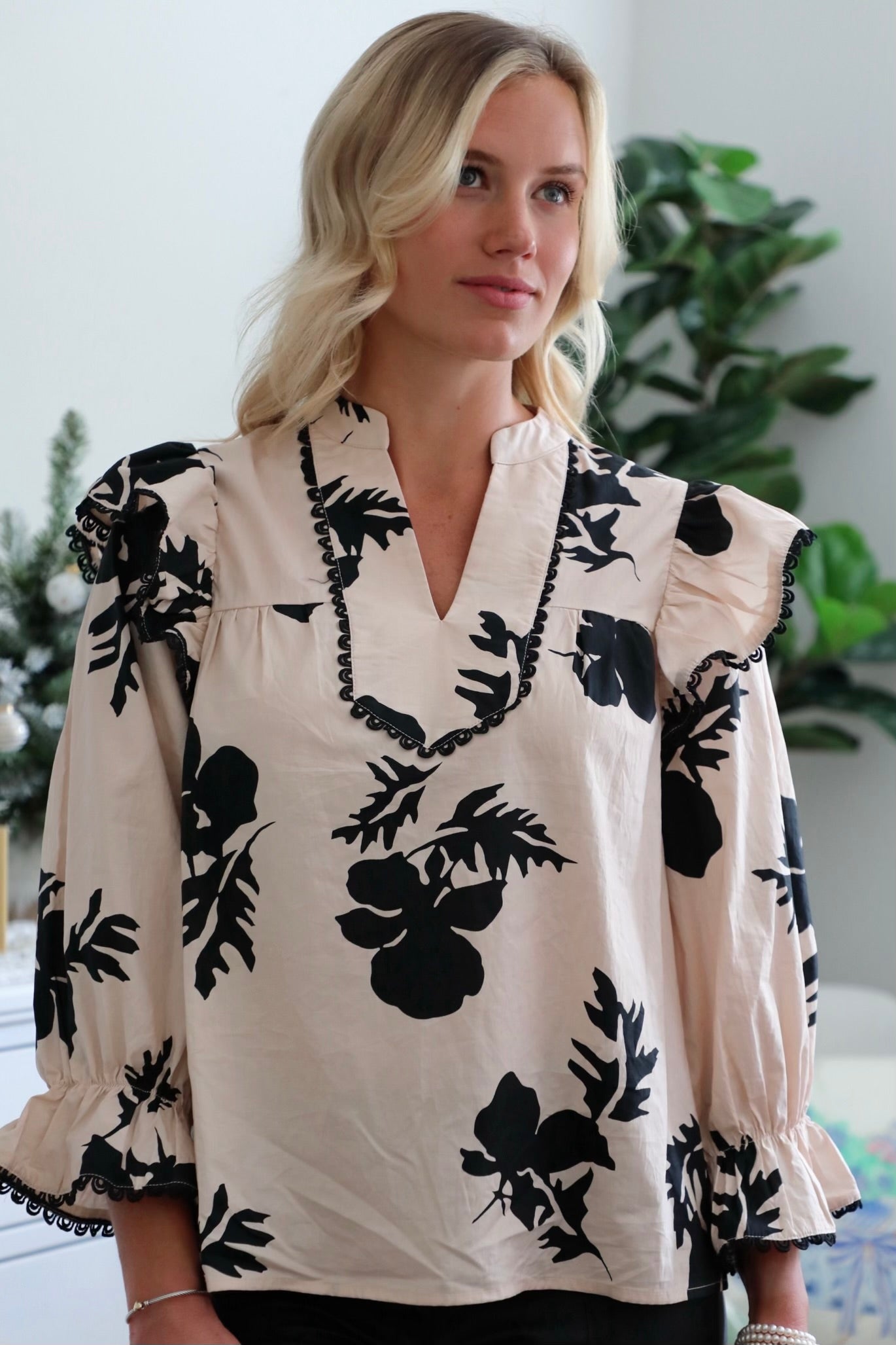 Cream and Black Printed Ruffle Blouse with Lace Details