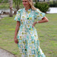 Printed Short Puff Sleeve Midi Dress with a Waist Tie