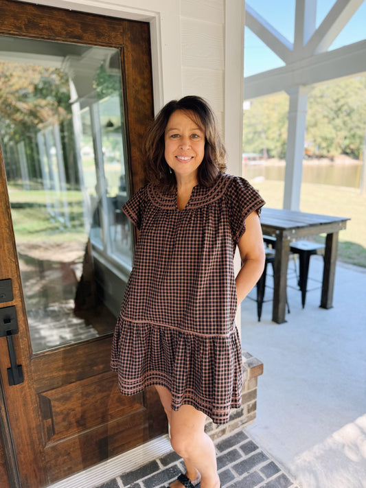 Trimmed Round V Neck Gingham Mini Dress