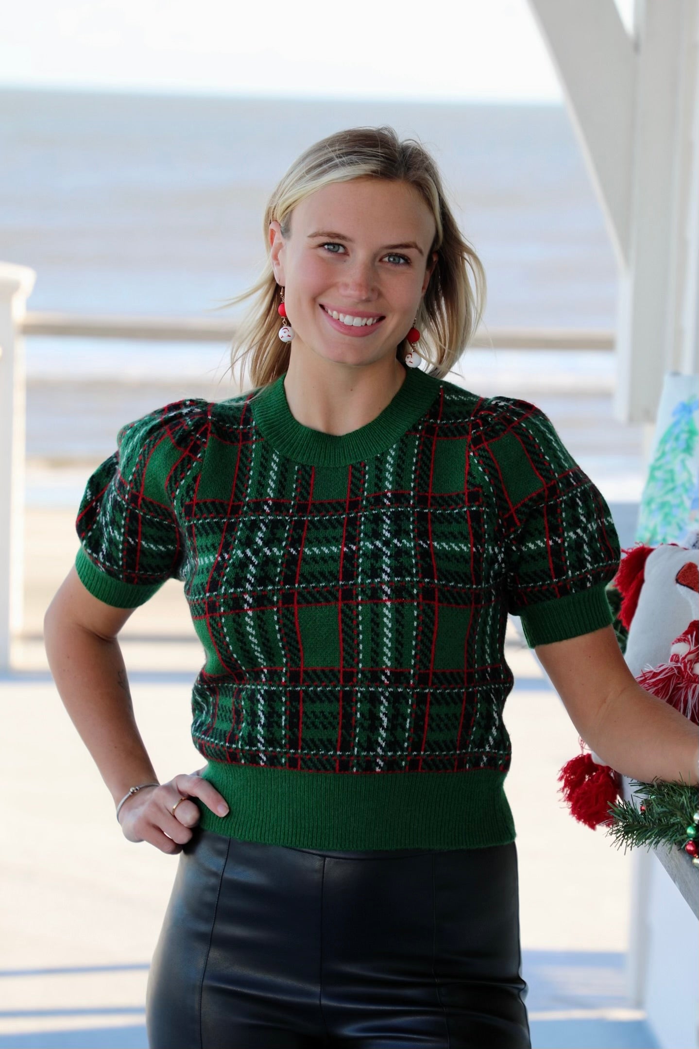 Pine Plaid Print Round Neck Puff Sleeve Top