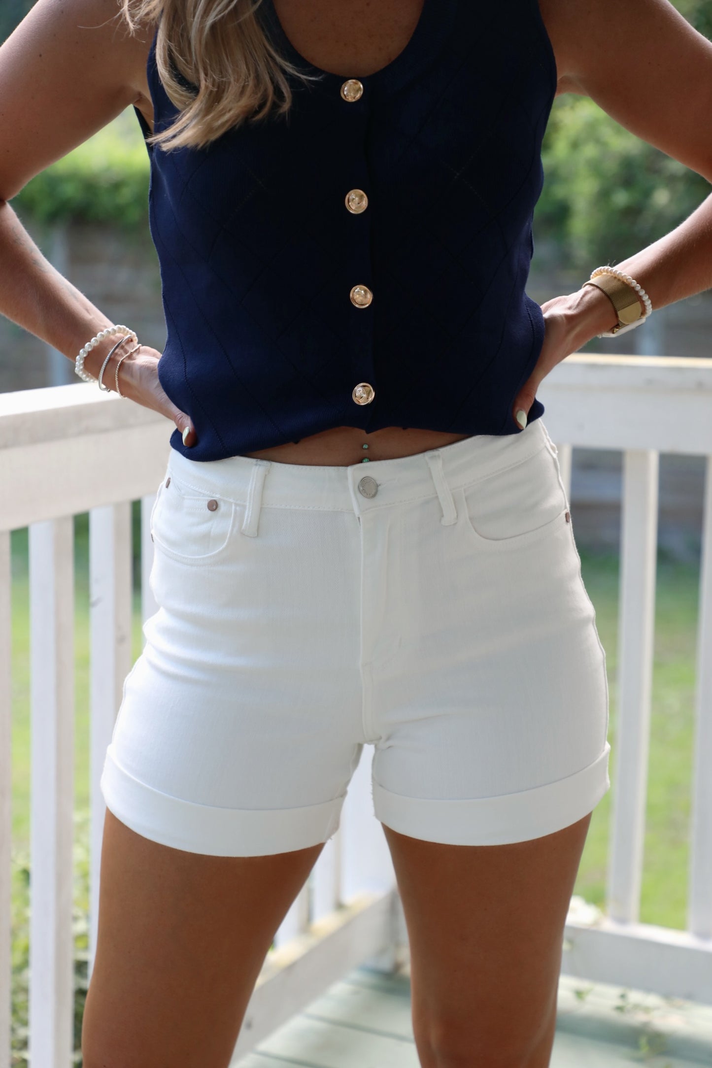 High Rise White Denim Fold Up Shorts