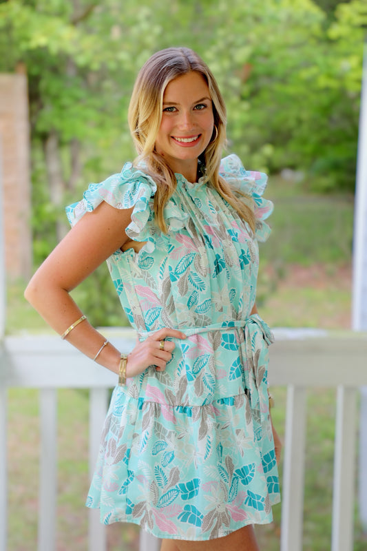 Flutter Sleeve Mini Dress with Waist Tie