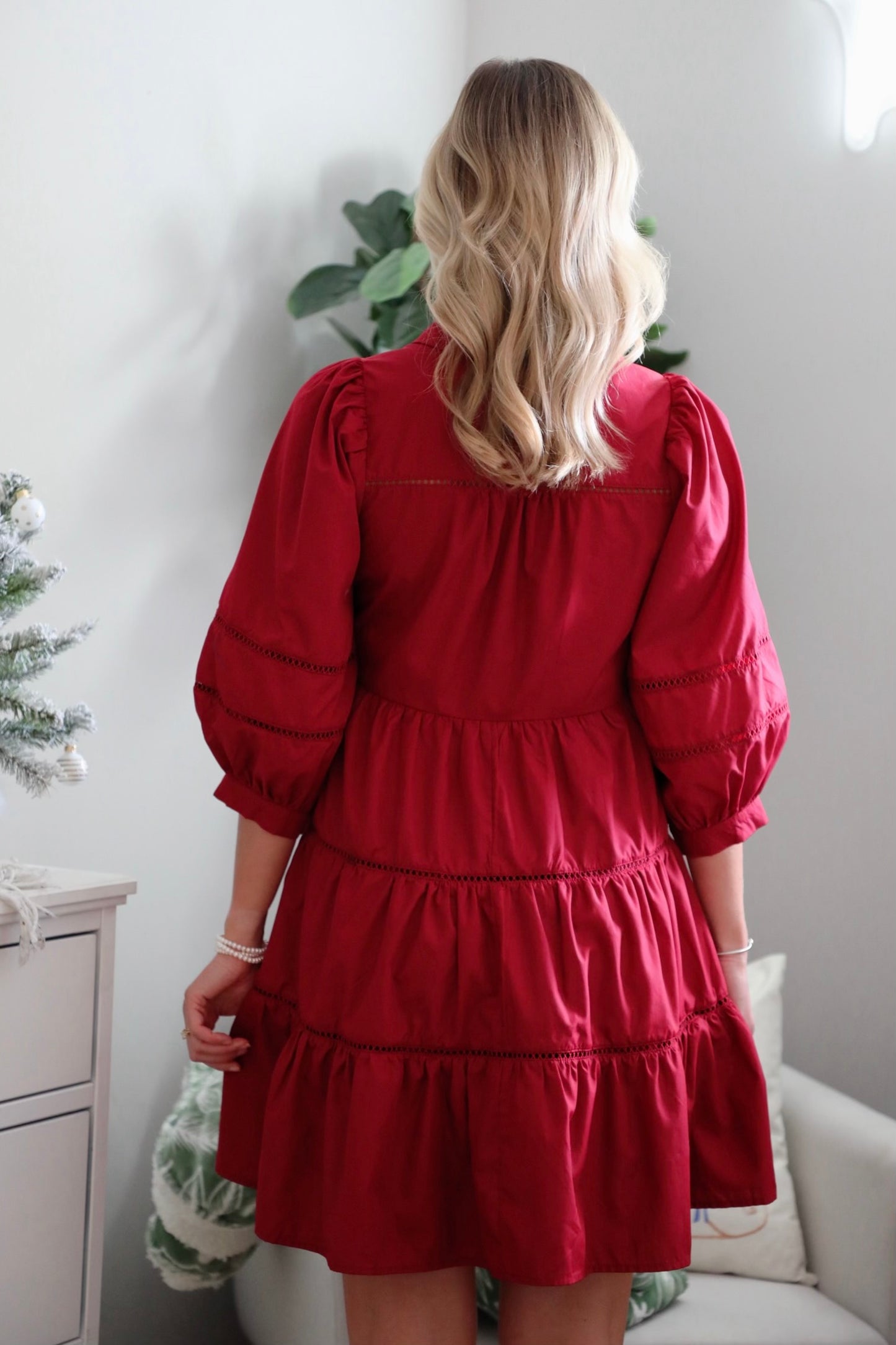 Tiered Collared Dress with Puff Sleeves