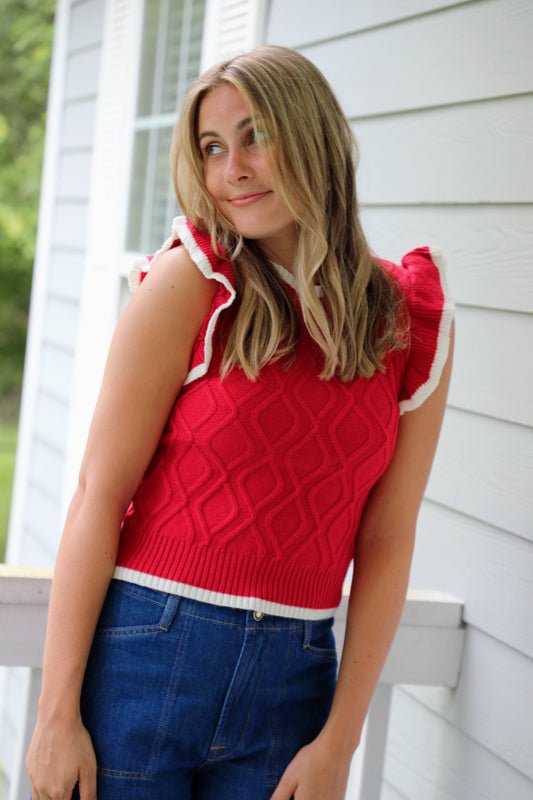 Game Day Ruffle Sleeve Cable Sweater Top